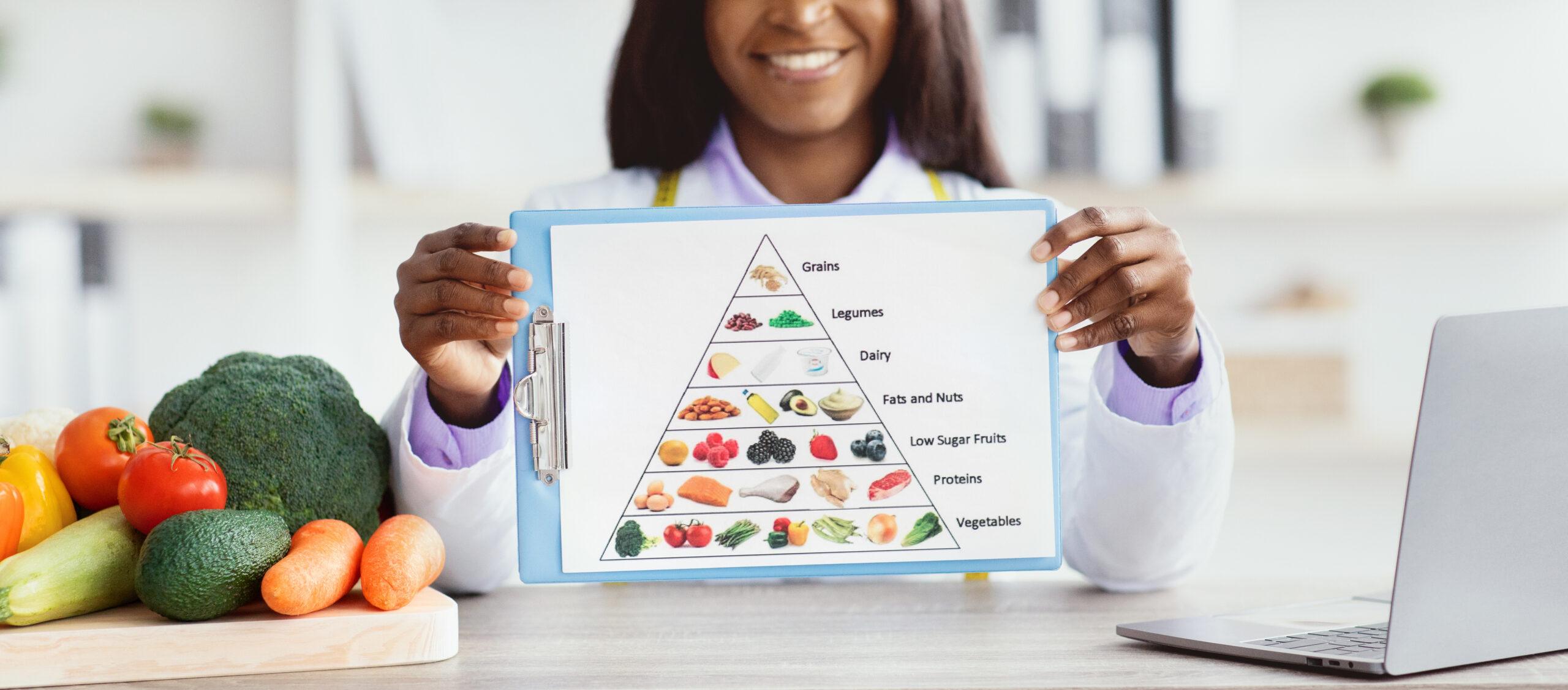 A person holds a clipboard showing a food pyramid during a workshop on nutrition. Fresh vegetables and fruits are on the table. The setting is bright and encourages healthy eating habits.